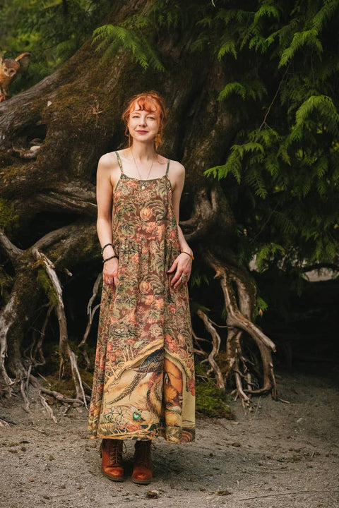 Bohéme Maxi Slip Dress - Woodland Wisdom w/ Florals, Fox & Owl