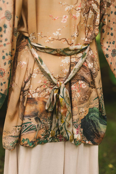 Duster Kimono - Fable Matinée with Deer and Moon, mid-length