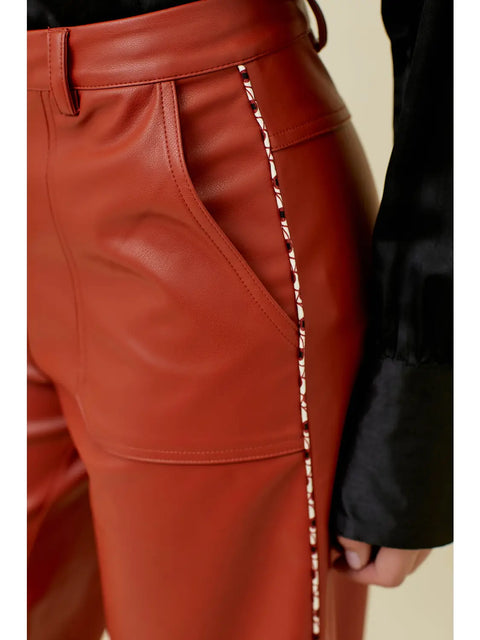 Pants - Piping Faux Leather Brick Red