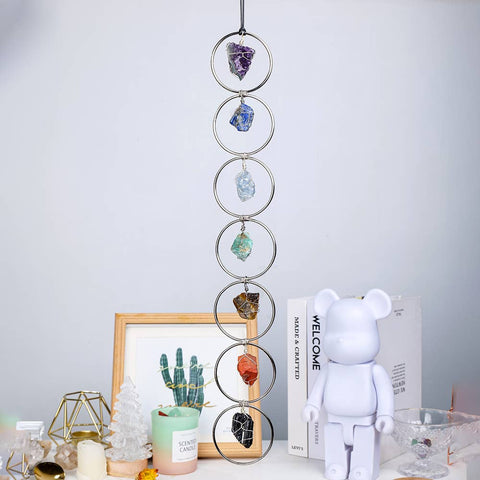 Wall Hanging - Natural 7 Chakra Raw Stone (Silver Hoop)