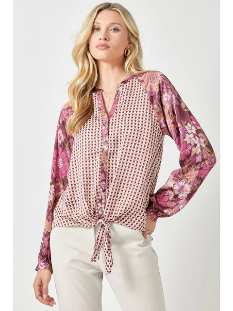 Top - Tie Front Mixed Print Merlot