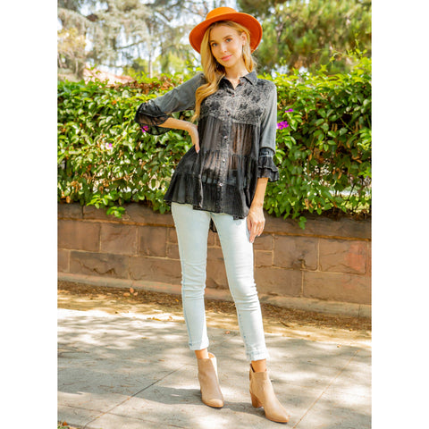 Women’s Mexican Embroidery Blouse - Gathered Waist Shirt: Gravel (Plus Size)