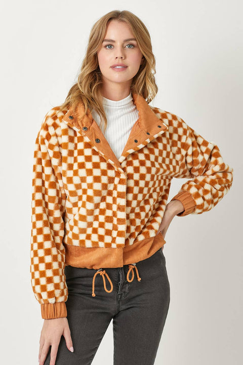 Checkered Faux Fur Jacket - Pumpkin