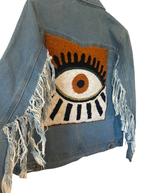 Denim Fringe Jacket - Embellished Embroidered Evil Eye