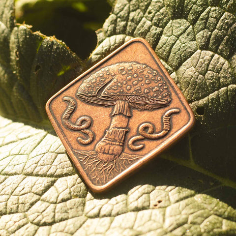 Coin in Solid Copper - Morel and Amanita Mushrooms of Earth