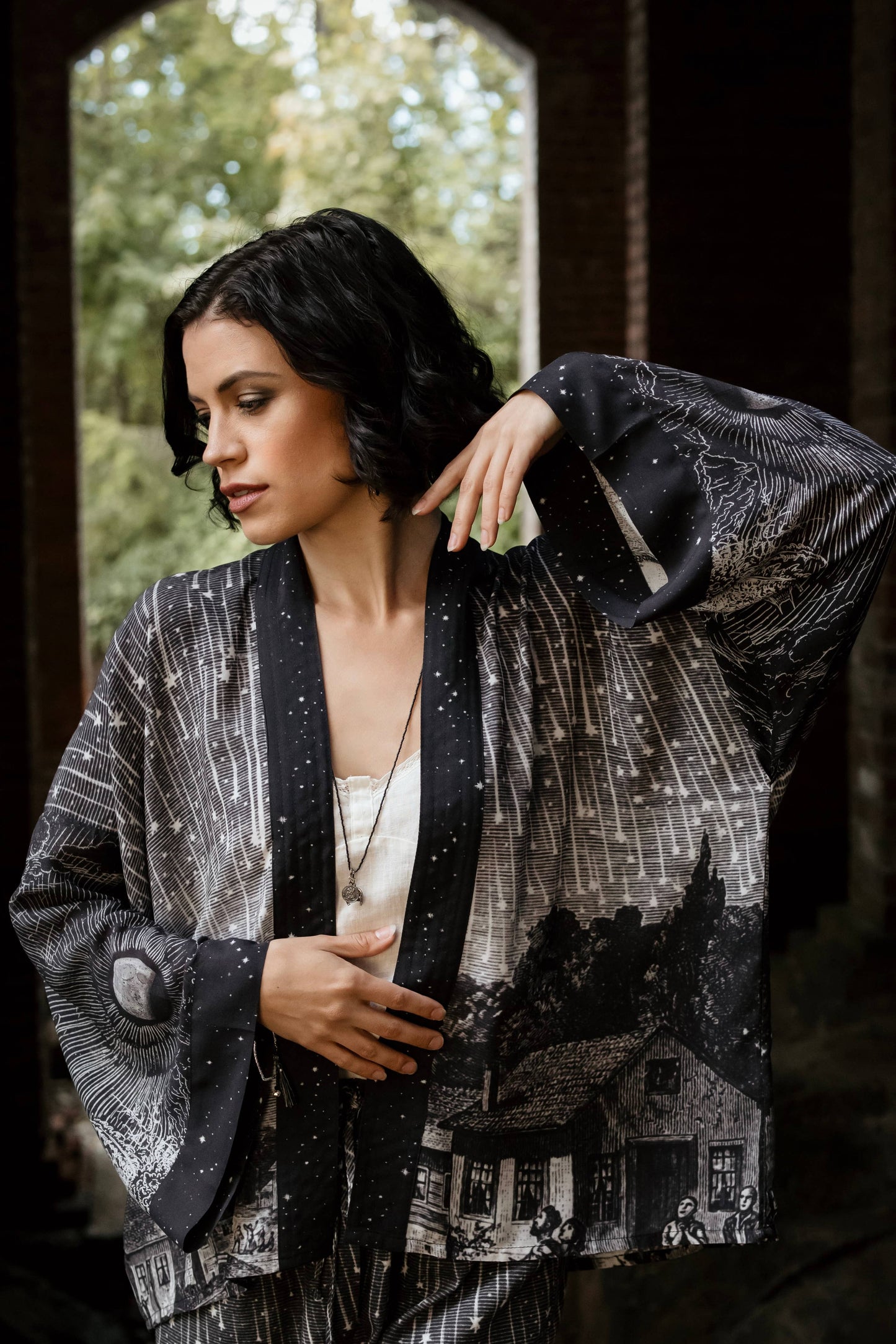 Cropped Bamboo Kimono Cardigan - Stargazer with Falling Stars