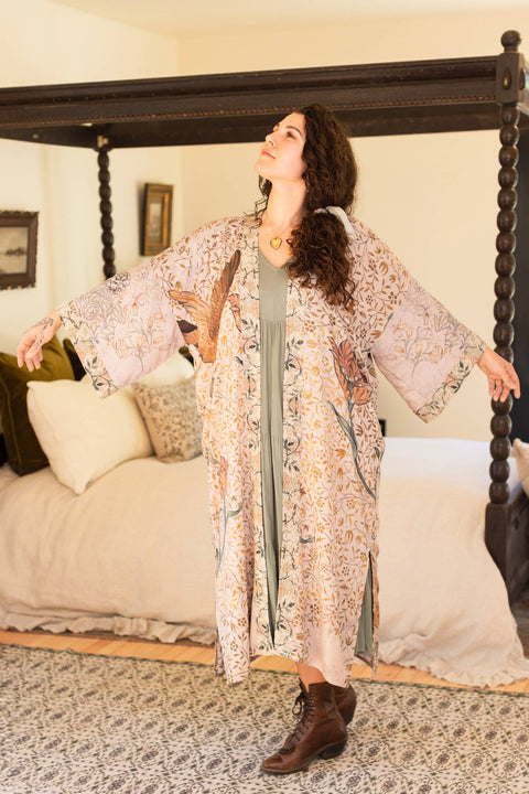 Opera Bamboo Floral Bird Kimono Duster Robe - Folklore