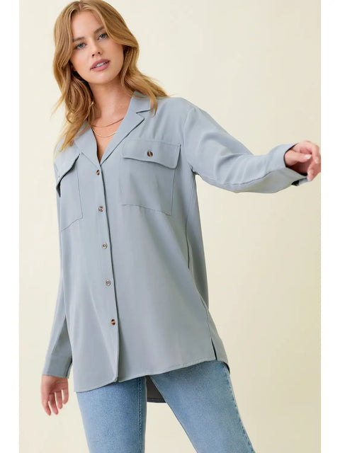 Top - Classic Button Down Blue Grey