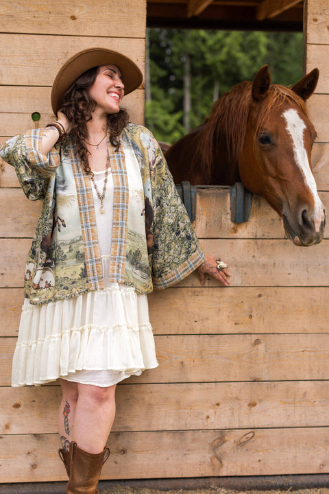 Pixie Duster Crop Kimono - Born to Run  w/ Horse & Flower Print