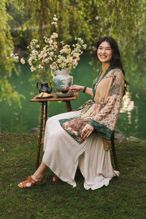 Duster Kimono - Fable Matinée with Deer and Moon, mid-length