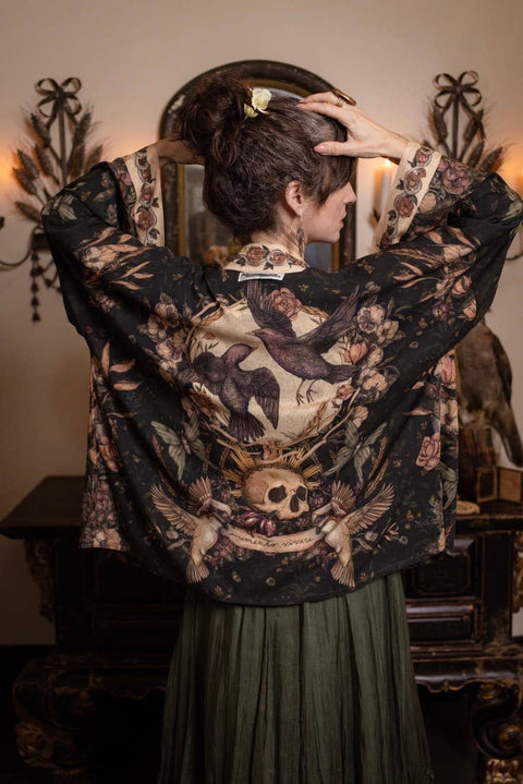 Pixie Duster Crop Kimono - Momento with Floral, Starling & Skull