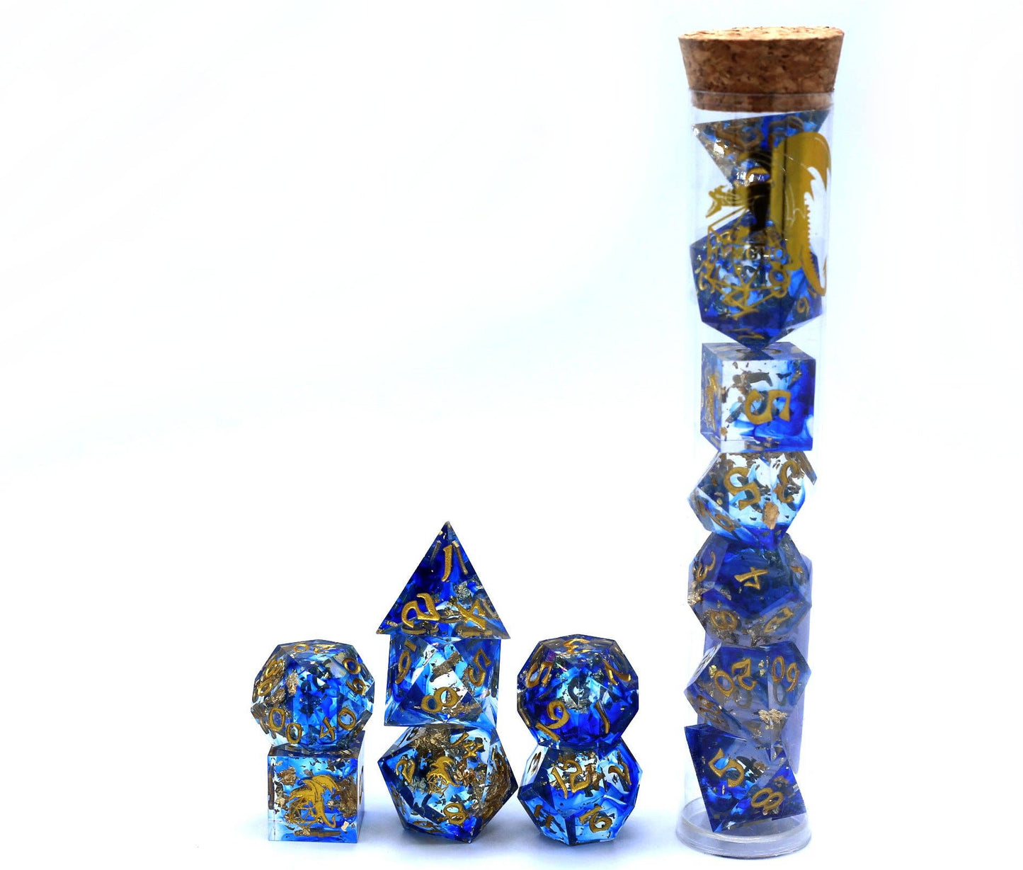 Captured Magic Hand Sanded Sharp Edge Resin Dice Set - Blue Gold