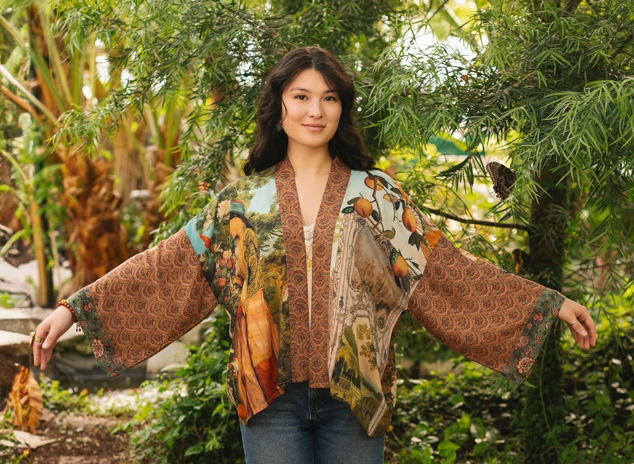 Cropped Bamboo Kimono Cardigan - Secret Garden with Swan