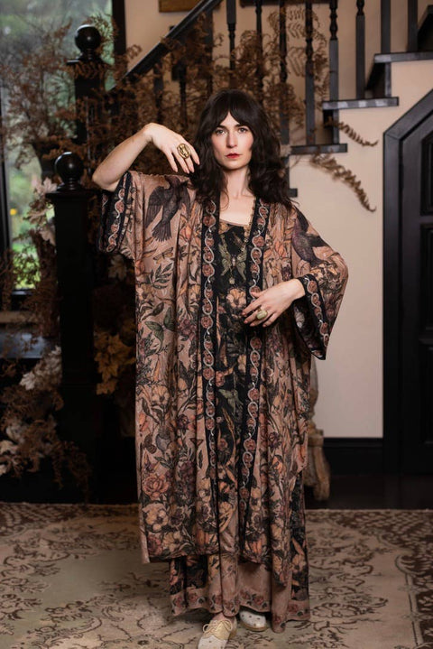 Opera Duster Kimono Robe - Momento with Starlings & Skull