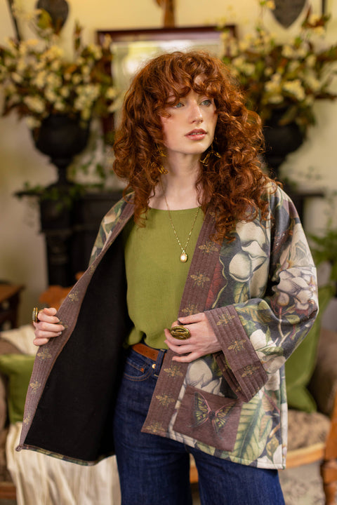 Fleece Cottage Cardigan Jacket - Fleur De Lune with Floral Print