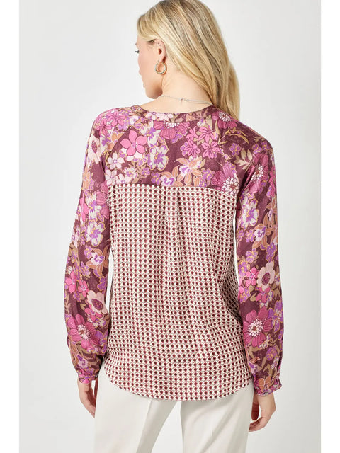 Top - Tie Front Mixed Print Merlot
