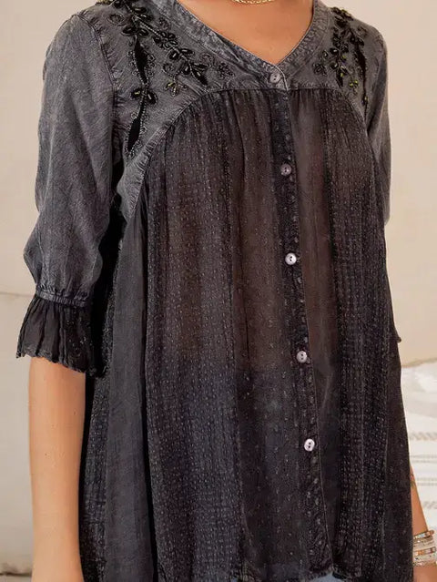 Embellished Top - Free-Spirited Western Boho Babe Charcoal