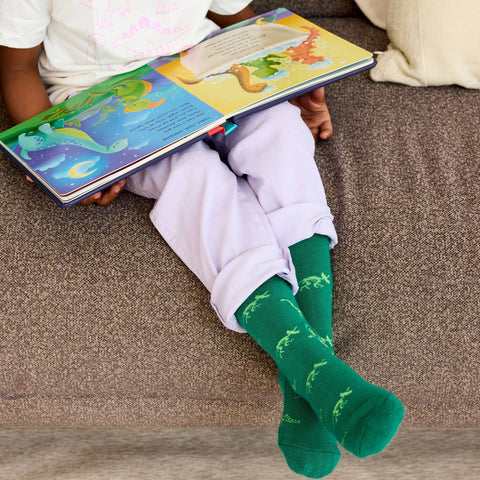 Kids Socks that Give Books - Green Dinosaurs