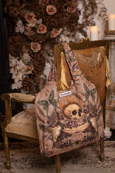 Linen Tote Bag - Momento with Starling, Skull & Floral Print