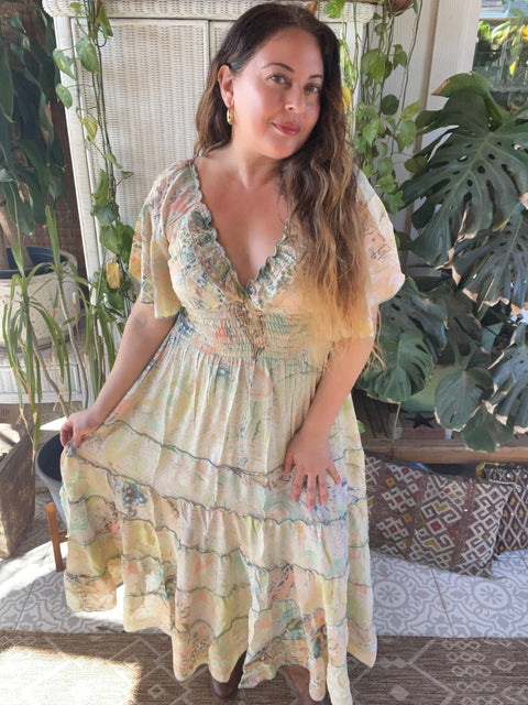 Maxi Dres (Bohemian Tiered Maxi Silk) - Ivory & Olive