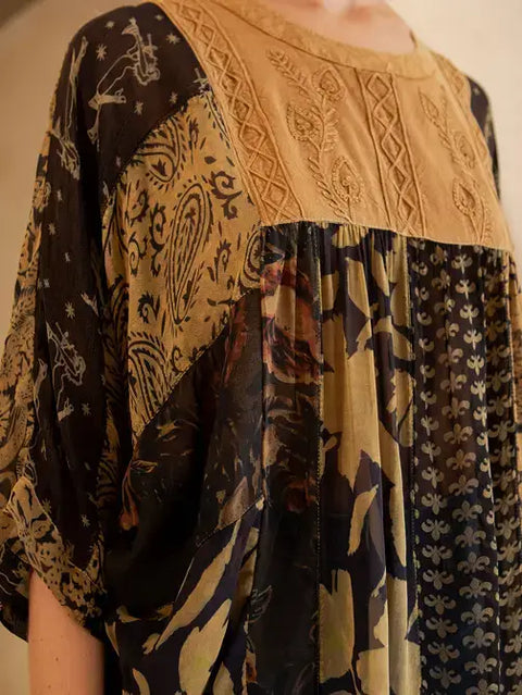 Top - Bohemian: Tiered Patchwork Blouson Boho Babe Camel