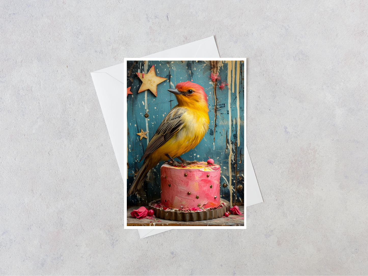 Greeting Card - Yellow Bird Sitting on Pink Cake
