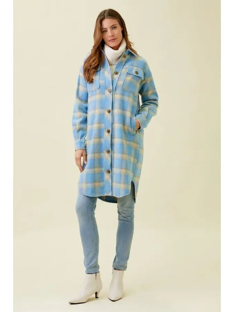 Jacket - Fringe Placket Plaid Soft Blue