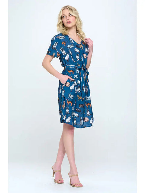 Dress - All Over Cat Blue With Pocket