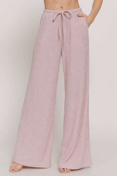 Waistband Crinkle Knit Long Pants with Pockets - Pale Pink