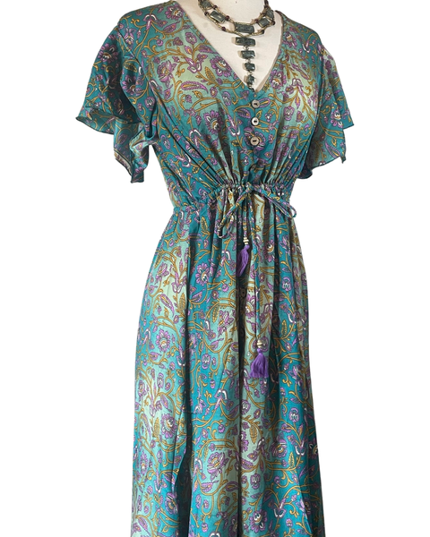 Dress (Silk Maxi Ruffle Butterfly Sleeves) - Ombré Blue