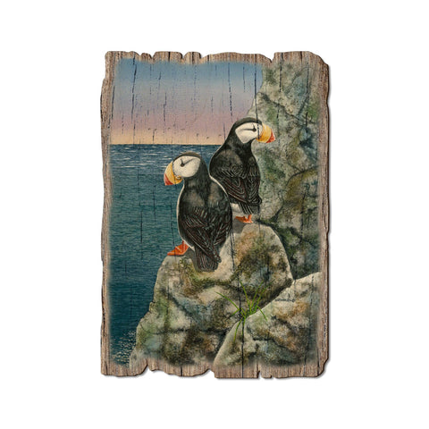 Wood Postcard - Rustic Edge Horned Puffins
