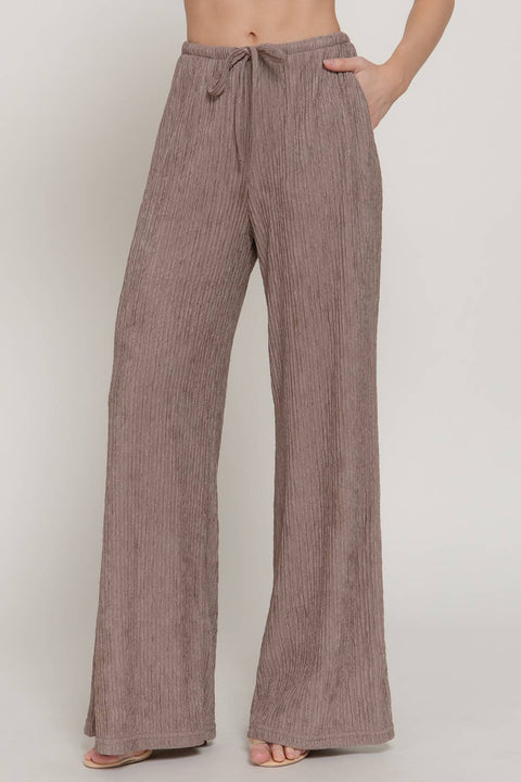 Waistband Crinkle Knit Long Pants with Pockets - Mocha