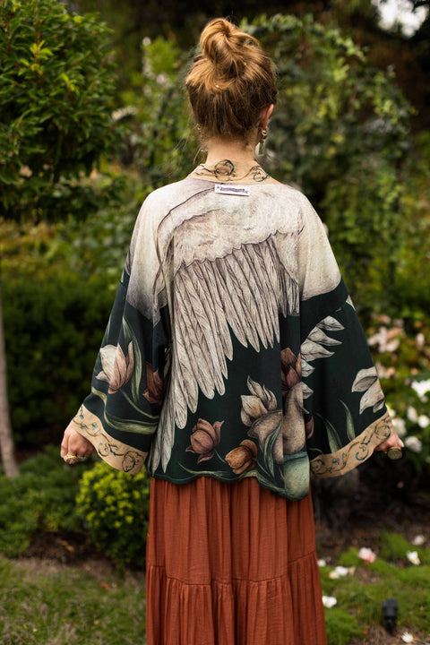 Pixie Crop Kimono - Under My Wing Swan & feathers