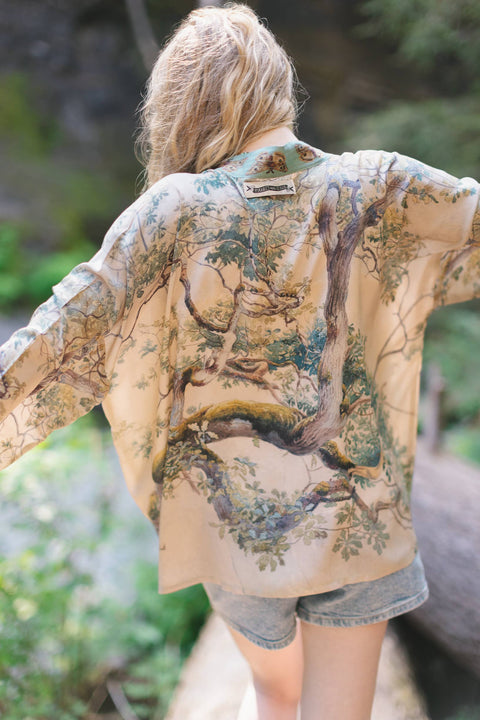 Cropped Bamboo Kimono Cardigan - Earth and Sky Cropped with Tree Print