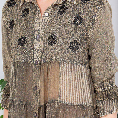 Women’s Mexican Embroidery Blouse - Gathered Waist Shirt: Gravel (Plus Size)