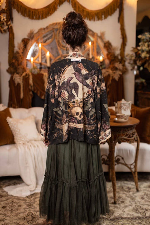 Pixie Duster Crop Kimono - Momento with Floral, Starling & Skull