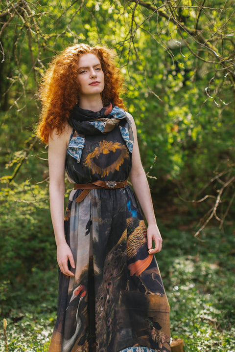 bohemian peacock dress 70s FRINGE CAPE DRESS- Vintage Peacock Feather Maxi Bohemian Goddess