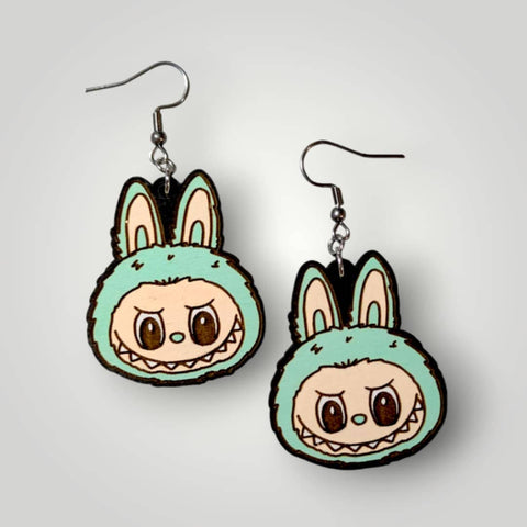 Earrings (Hand Painted Wood) - Labubu Monster Mint Blue