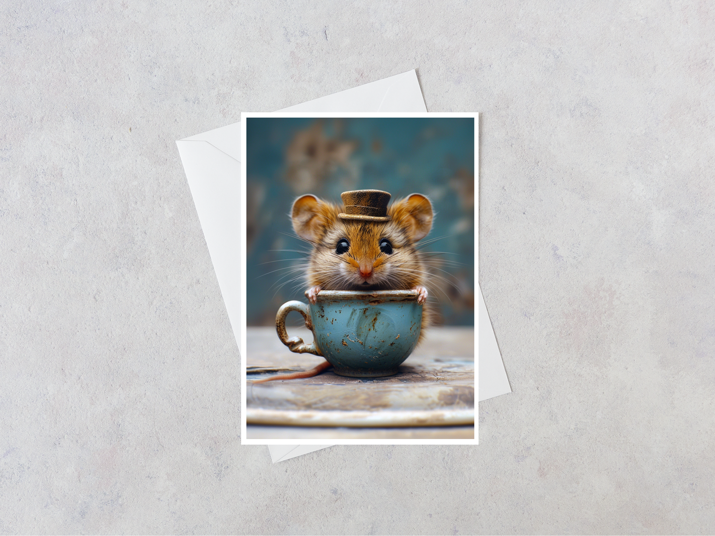 Greeting Card - Mouse in Aqua Vintage China Teacup