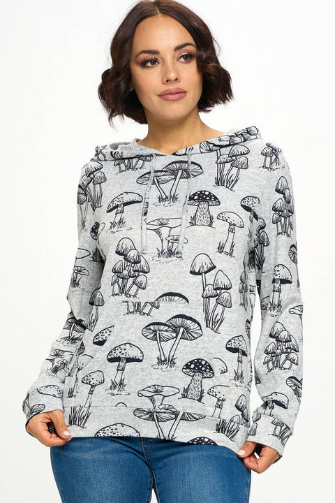 Hoodie - Black and White Mushroom Print (Plus Size)