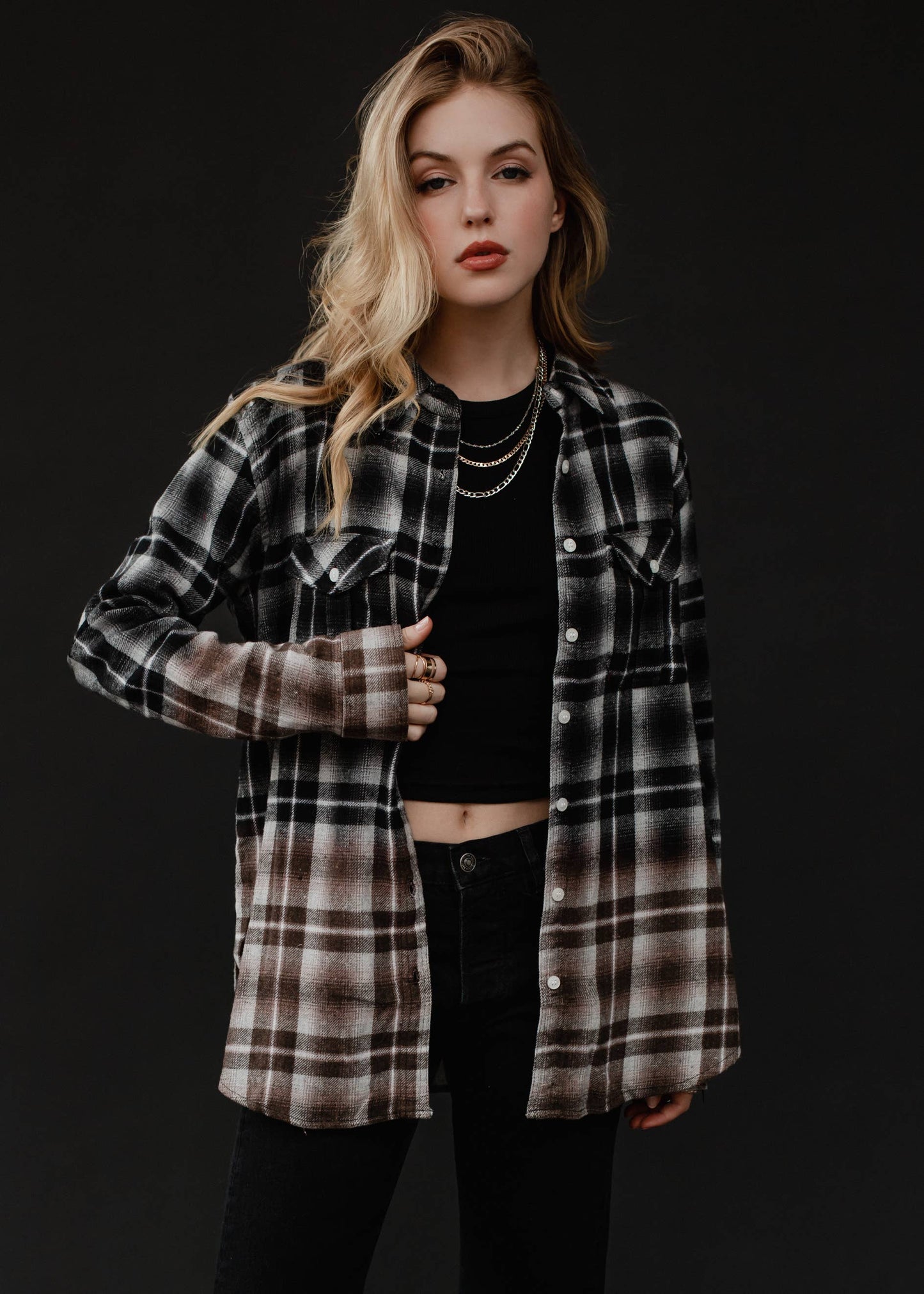 Flannel Shirt - Black, White & Brown Plaid