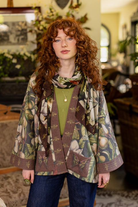Fleece Cottage Cardigan Jacket - Fleur De Lune with Floral Print