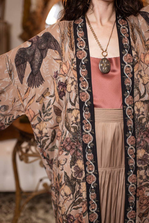 Opera Duster Kimono Robe - Momento with Starlings & Skull