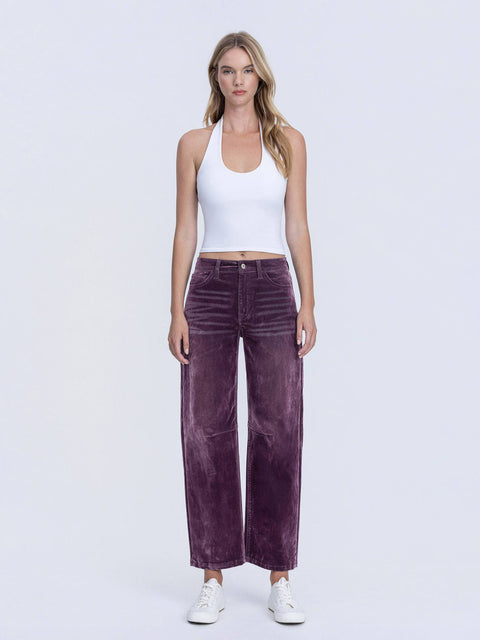 Jeans - High Rise Velvet Flocked Barrel Leg: Purple