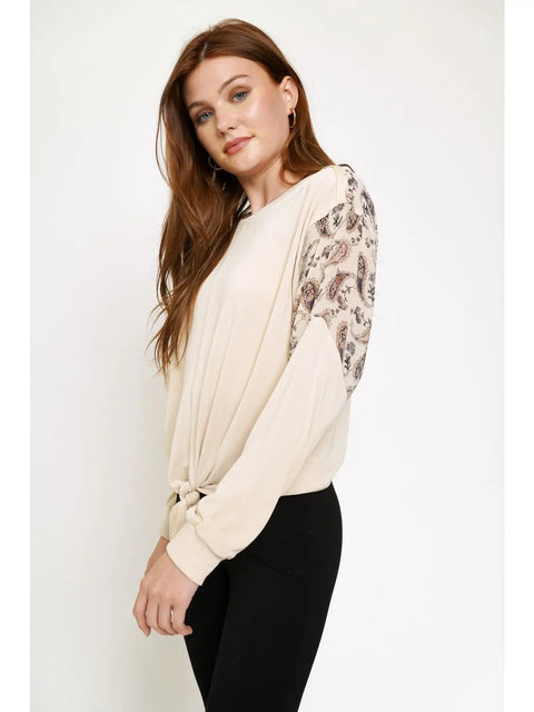 Top - Tie Front Paisley Modal Ivory