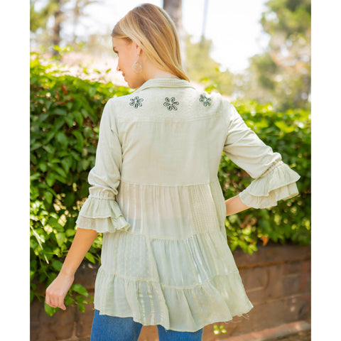 Women’s Mexican Embroidery Blouse - Gathered Waist Shirt: Gravel (Plus Size)