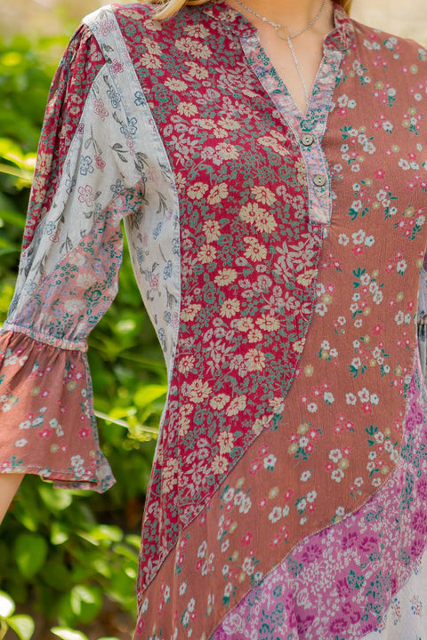 Boho Patchwork Overdyed Babydoll Dress - Grey