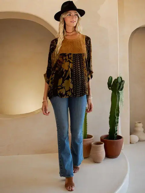 Top - Bohemian: Tiered Patchwork Blouson Boho Babe Camel