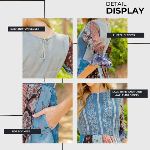 Women’s Boho Embroidered Side Pocket Western Mini Dress - Grey