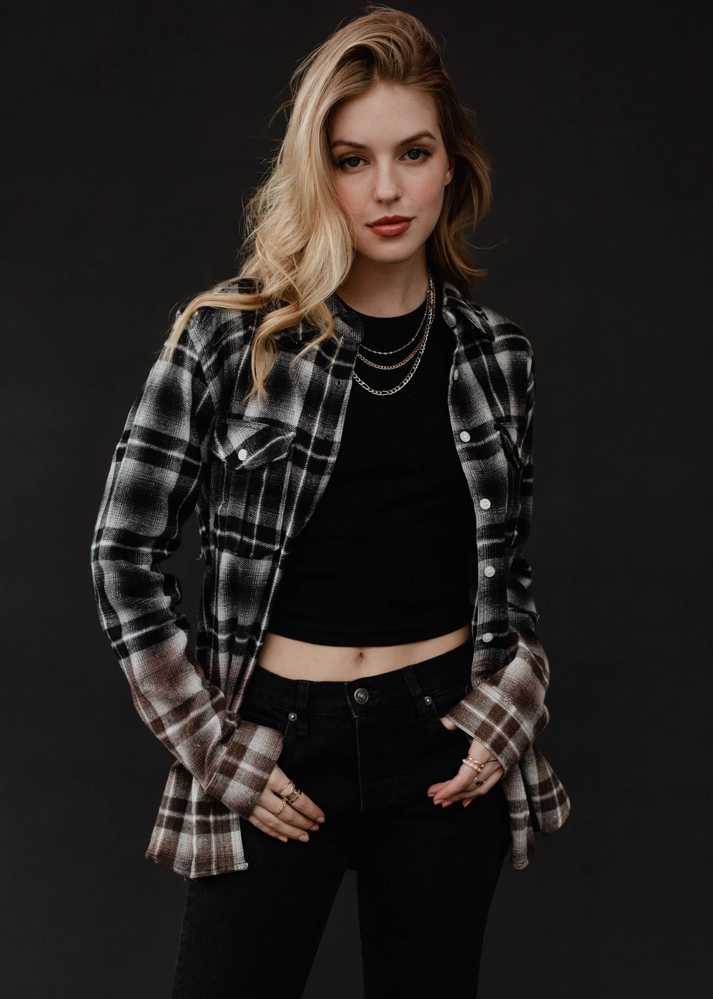 Flannel Shirt - Black, White & Brown Plaid